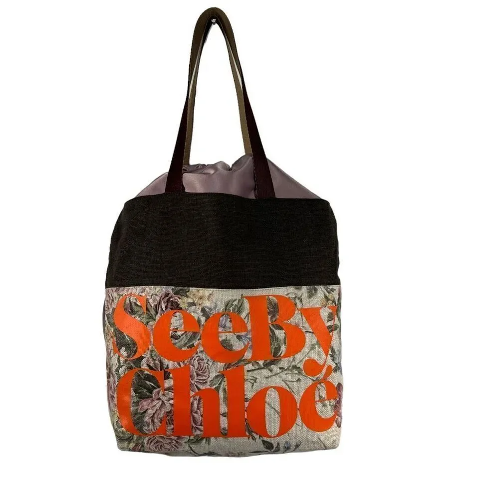 See By Chloé Floral Canvas Casual Style Logo Beige Brown and Purple Tote Bag